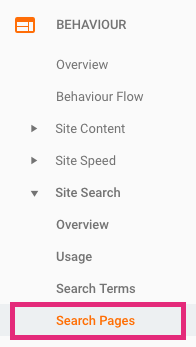 Image of where the Search Pages report can be found in Google Analytics