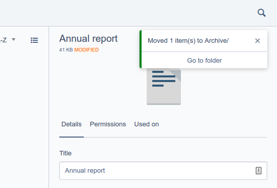 An example of a toast notification when you archive a file in Silverstripe CMS