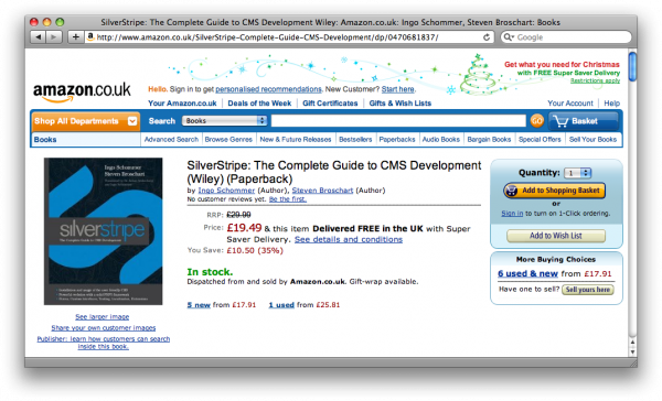 Screenshot from Amazon.co.uk showing the SilverStripe Book in stock