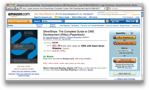 Screenshot of Amazon.com showing only 1 copy of SilverStripe book in stock